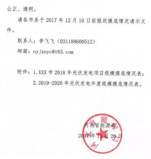 頭條！河北能源局發(fā)布《關于對2018-2020年光伏發(fā)電項目建設規(guī)模進行摸底工作的通知》