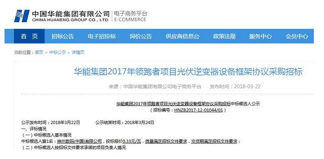 0.33元/瓦！神州數(shù)碼中標華能領(lǐng)跑者項目光伏逆變器采購
