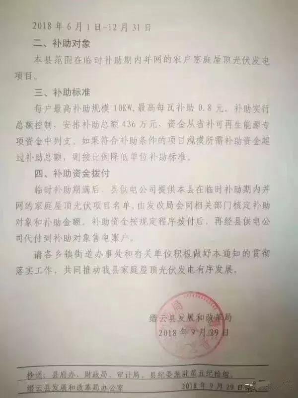 浙江縉云出臺后&ldquo;531&rdquo;家庭光伏臨時補助政策：最高每瓦0.8元