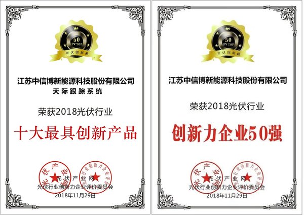 中信博天際跟蹤系統(tǒng)榮膺“2018年光伏行業(yè)十大最具創(chuàng)新產品”獎